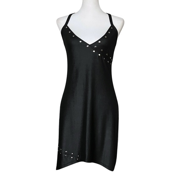 Vintage 90s Lip Service Punk Goth Studded Black Mini Dress S/M New Wave Gothic - Picture 2 of 10